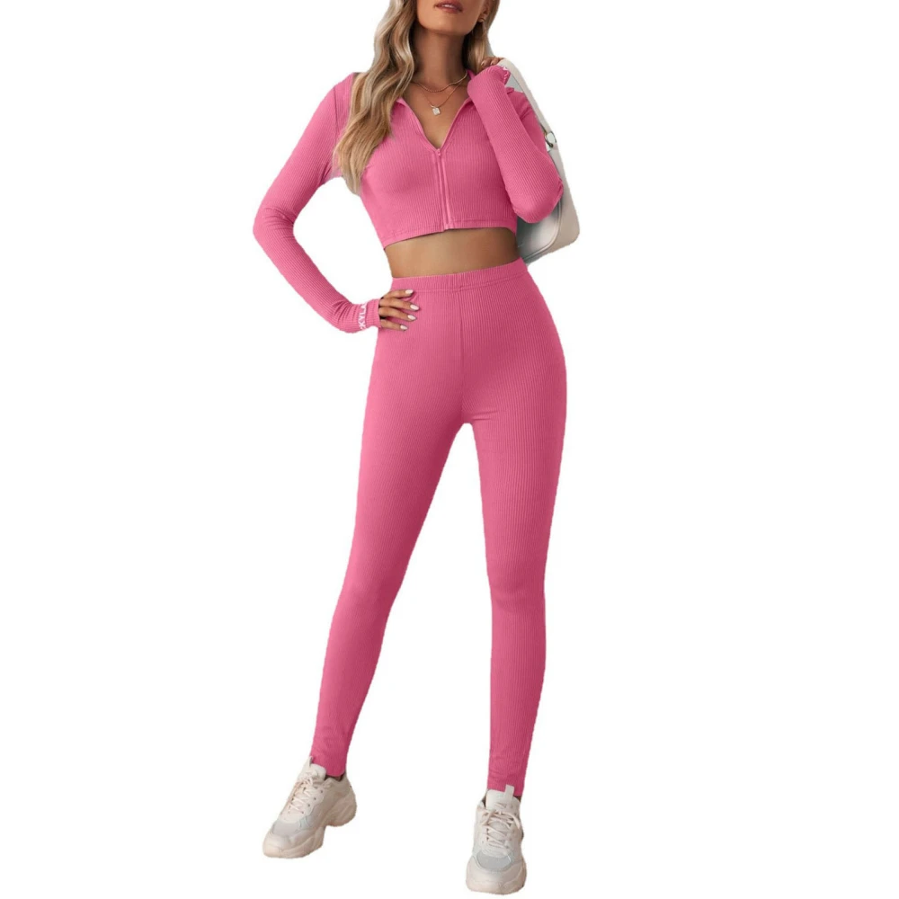 Women Workout Set with Zipper Long Sleeve Yoga Sportswear Tracksuit Tight Gym Clothes for Women Pink M