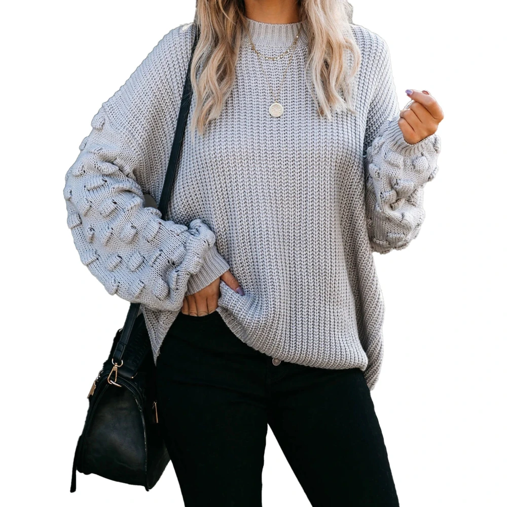 Knitted Sweater Oversized Round Neck Pullover Puff Long Sleeve Cute Pattern Casual Sweater for Women Grey XL