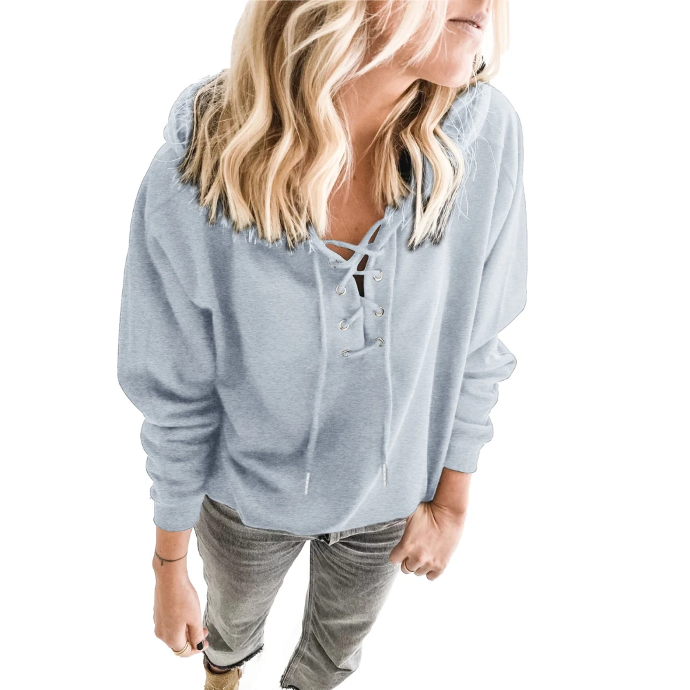 Hoodie Drawstring V Neck Criss Cross Pullover Pure Color Long Sleeve Hooded Hoodie for Women Light Gray L