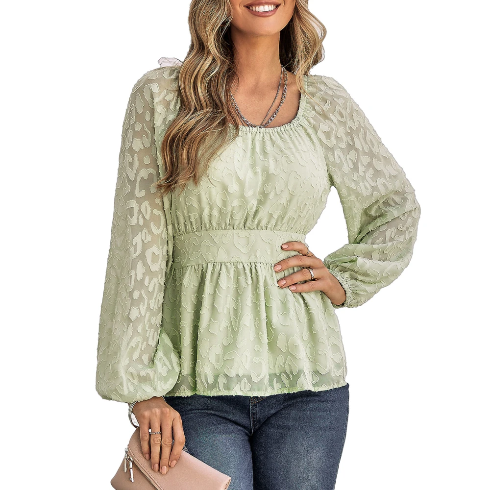 Women Puff Sleeve Blouses Top Fashionable French Retro Round Neck Waist Slimming Women Jacquard Shirts Green M