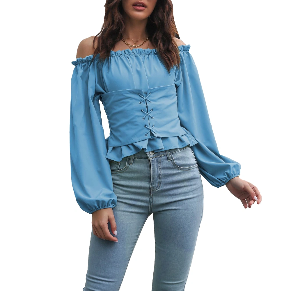 Women Off Shoulder Long Puff Sleeve Tops Pure Color Front Lace Up Back Shirred Blouse Shirt for Dating Blue S