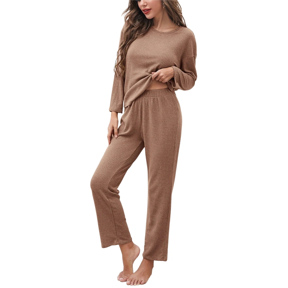 Waffle Knit Lounge Set Pure Color Loose 2 Piece Long Sleeve Round Neck Top Elastic Waistband Pant Outfit for Autumn Khaki M