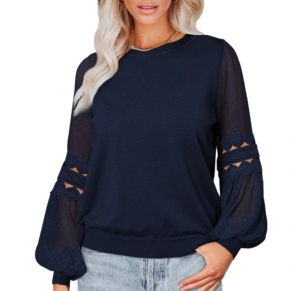 Women Long Sleeve T Shirt Round Neck Pullover Top Lantern Sleeve Ladies Casual Loose Top Purplish Blue XL