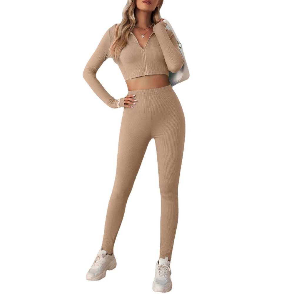 Women Workout Set with Zipper Long Sleeve Yoga Sportswear Tracksuit Tight Gym Clothes for Women Khaki L