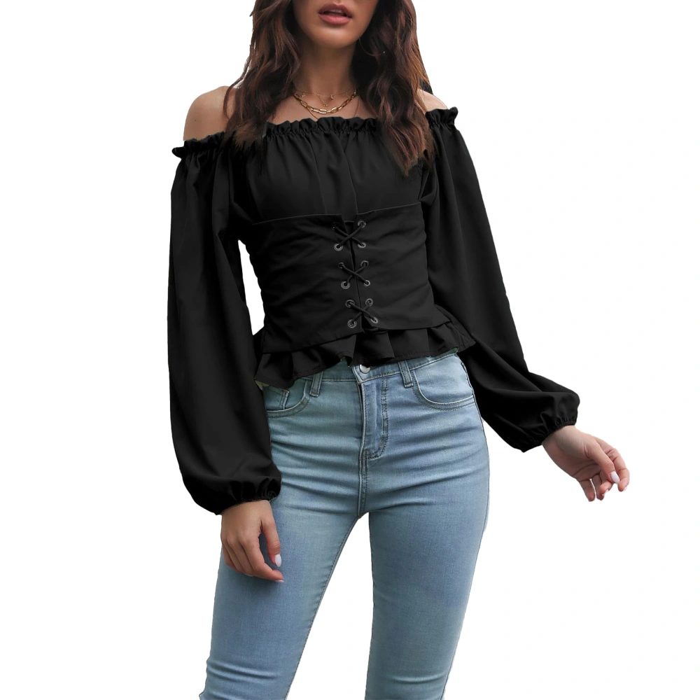 Women Off Shoulder Long Puff Sleeve Tops Pure Color Front Lace Up Back Shirred Blouse Shirt for Dating Black S