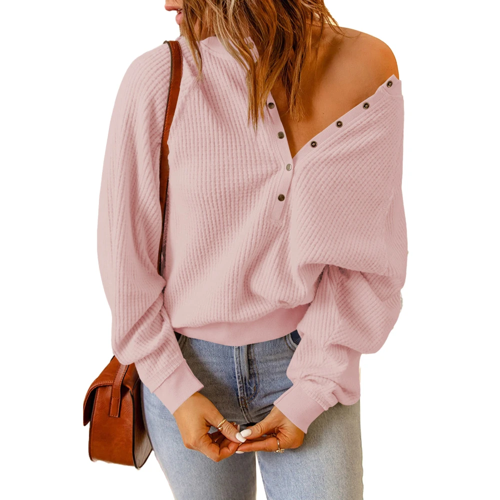 Women Fleece Top Bat Wing Long Sleeve Round Collar Pullover Pure Color Walf Checks Ribbed Hem with Button Loose Casual Fit Pink L