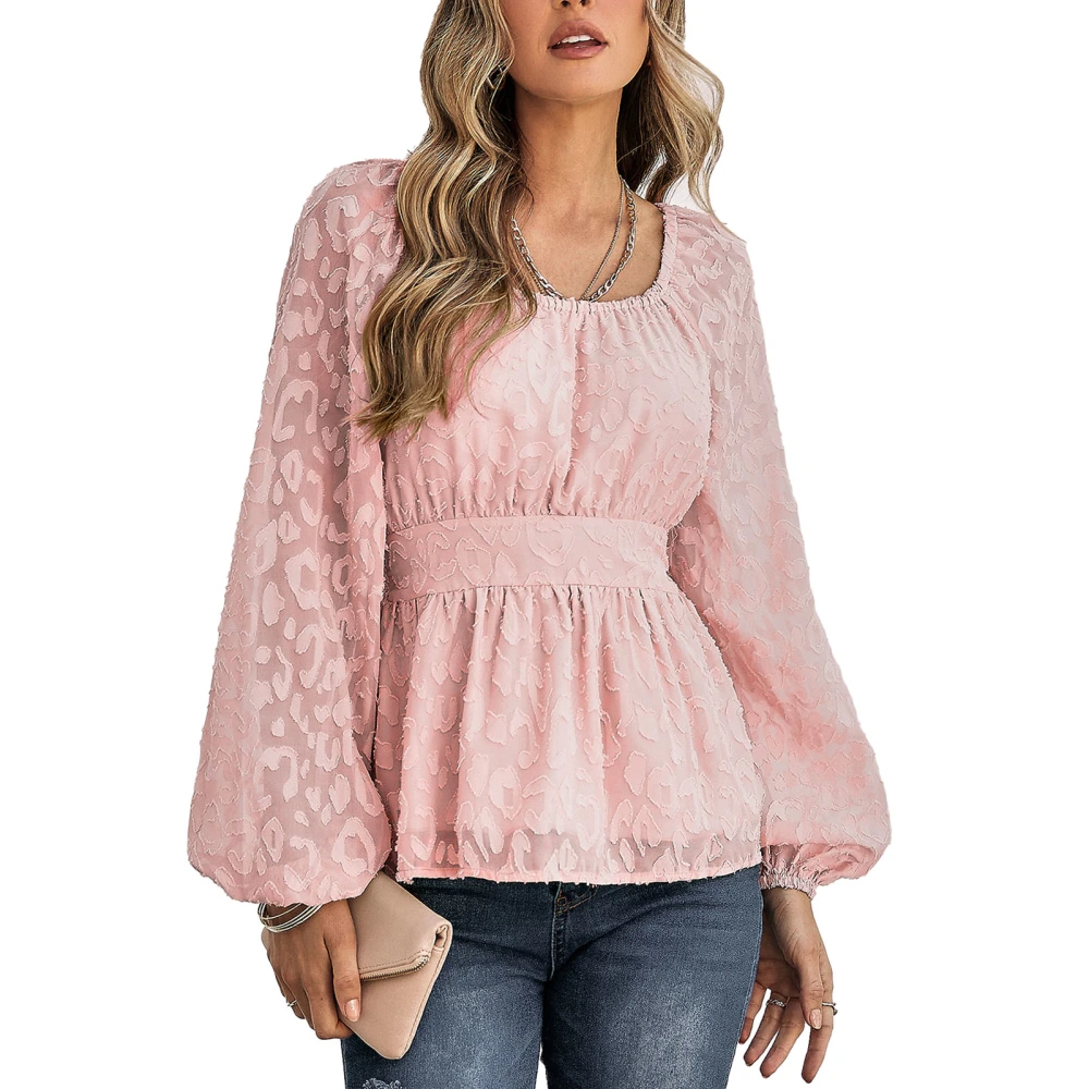 Women Puff Sleeve Blouses Top Fashionable French Retro Round Neck Waist Slimming Women Jacquard Shirts Pink M