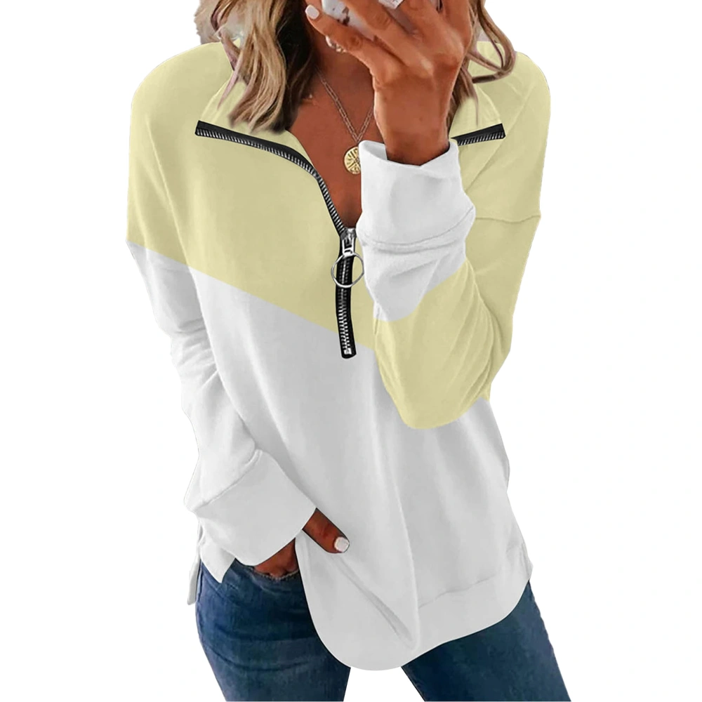 Women Pullover V Neck Lapel Zipper Design Contrast Colour Long Sleeve for Winter Autumn Yellow L