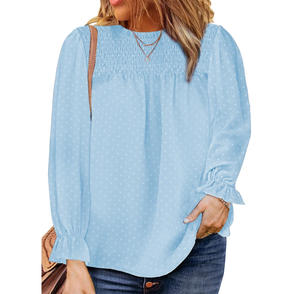 Women Top Pure Color Chiffon Weaving Design with Back Strap Puff Sleeved Shirt Blouse for Fall Vacation Sky Blue M