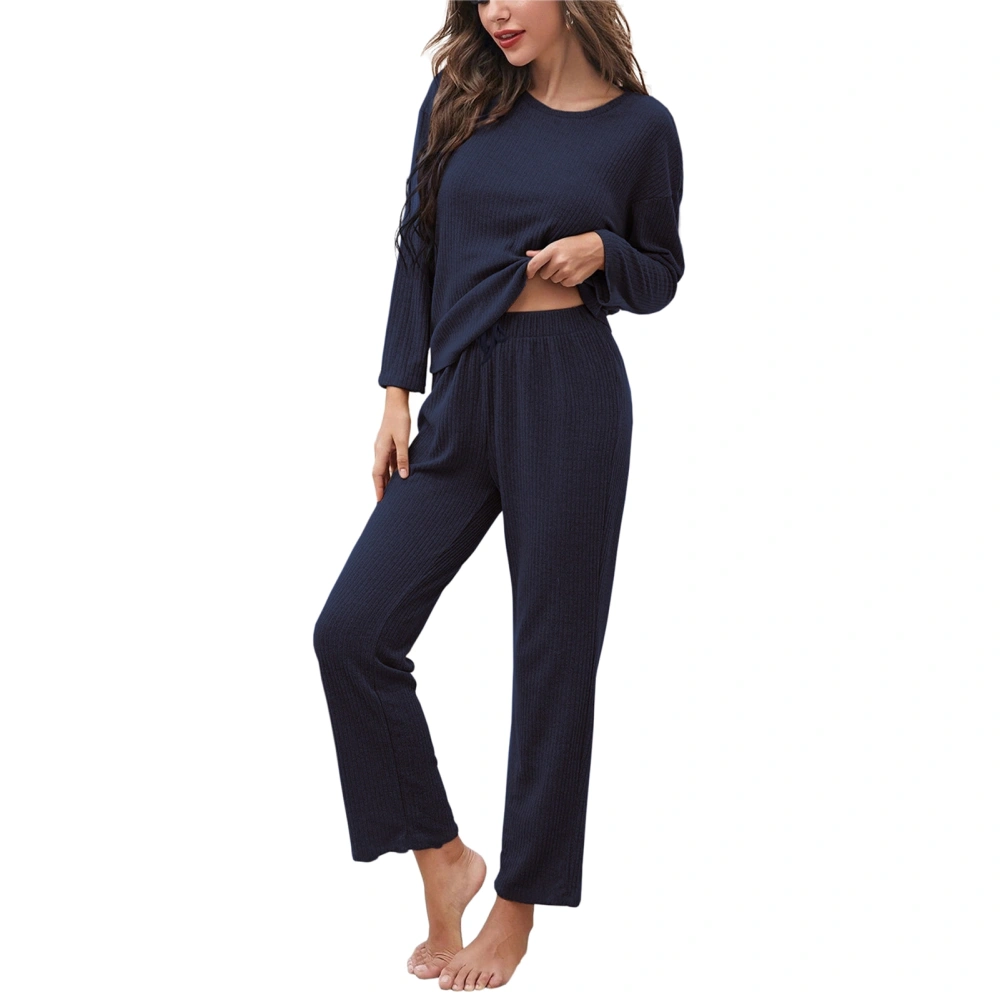 Waffle Knit Lounge Set Pure Color Loose 2 Piece Long Sleeve Round Neck Top Elastic Waistband Pant Outfit for Autumn Navy Blue S