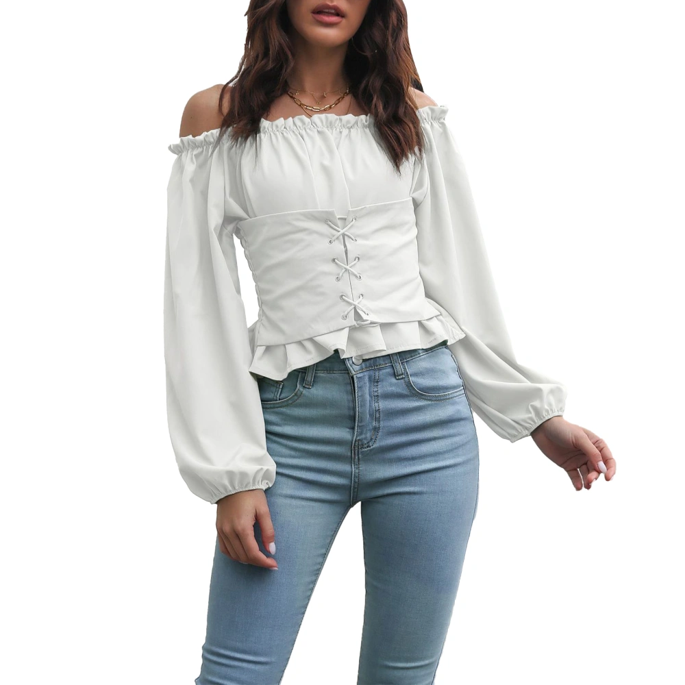 Women Off Shoulder Long Puff Sleeve Tops Pure Color Front Lace Up Back Shirred Blouse Shirt for Dating White S