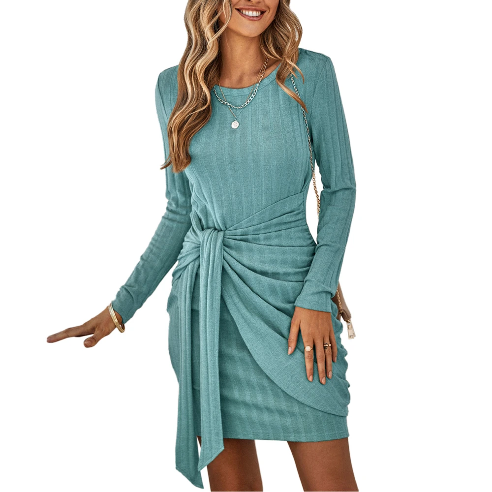 Woman Long Sleeve Short Dress Crewneck Ruched Tie Waist Casual Wrapped One Piece Dress Green L