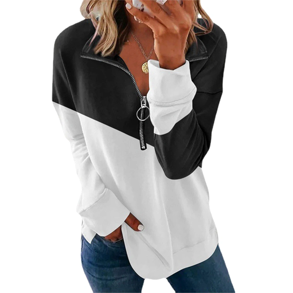 Women Pullover V Neck Lapel Zipper Design Contrast Colour Long Sleeve for Winter Autumn Black XXL