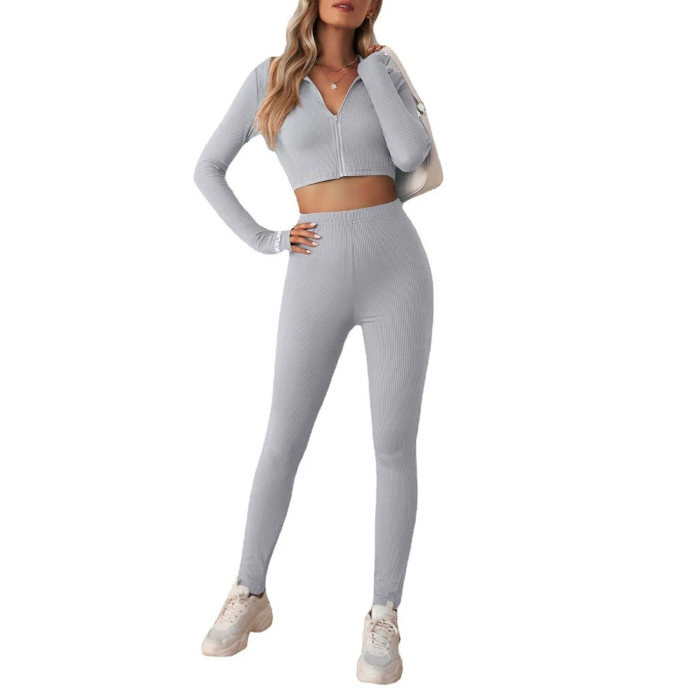 Women Workout Set with Zipper Long Sleeve Yoga Sportswear Tracksuit Tight Gym Clothes for Women Grey XL