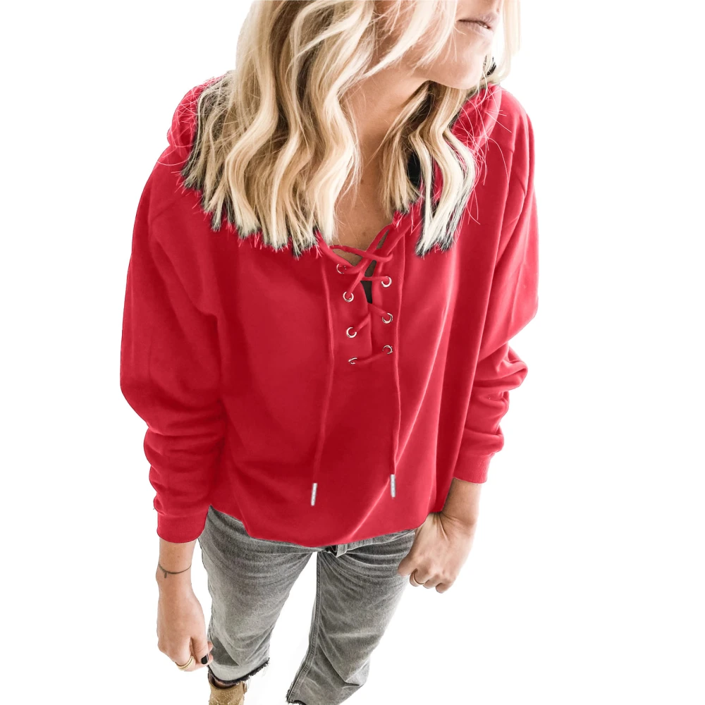 Hoodie Drawstring V Neck Criss Cross Pullover Pure Color Long Sleeve Hooded Hoodie for Women Wine Red L