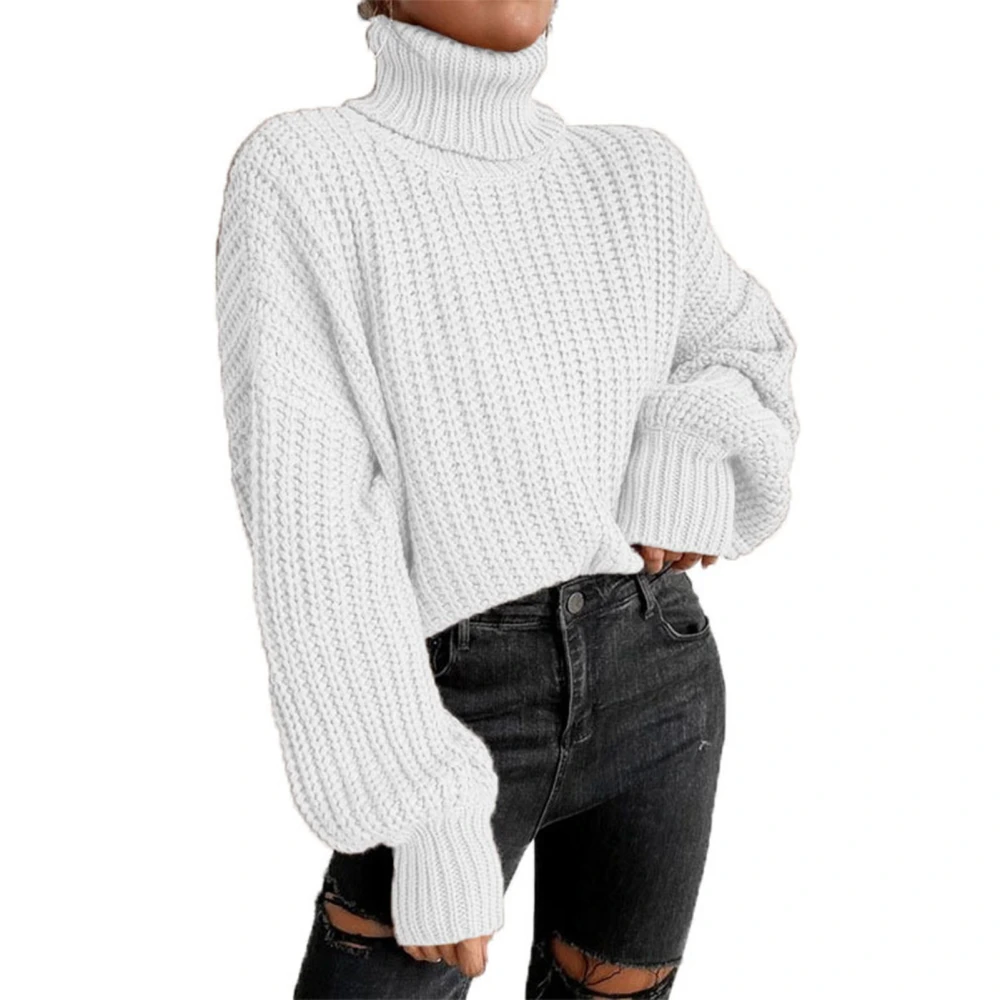 Knitted Sweater High Collar Drop Shoulder Long Sleeve Pullover Casual Sweater for Women White XL