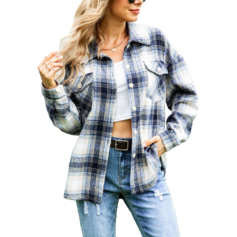 Women Plaid Long Sleeve Shirt Fashion Casual Plaid Print Lapel Long Sleeve Chest Pocket Long Sleeve Shirt Jacket Navy Blue XXL