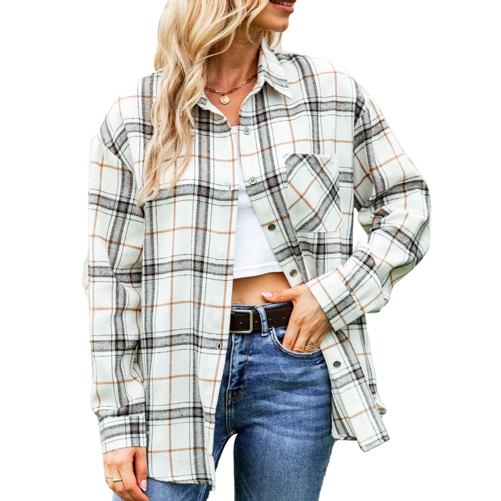 Plaid Blouse Long Sleeve Lapel Pocket Button Casual Fashionable Shirt Tops for Women Type1 S