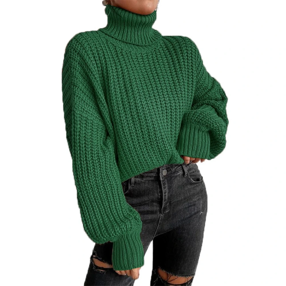 Knitted Sweater High Collar Drop Shoulder Long Sleeve Pullover Casual Sweater for Women Green L