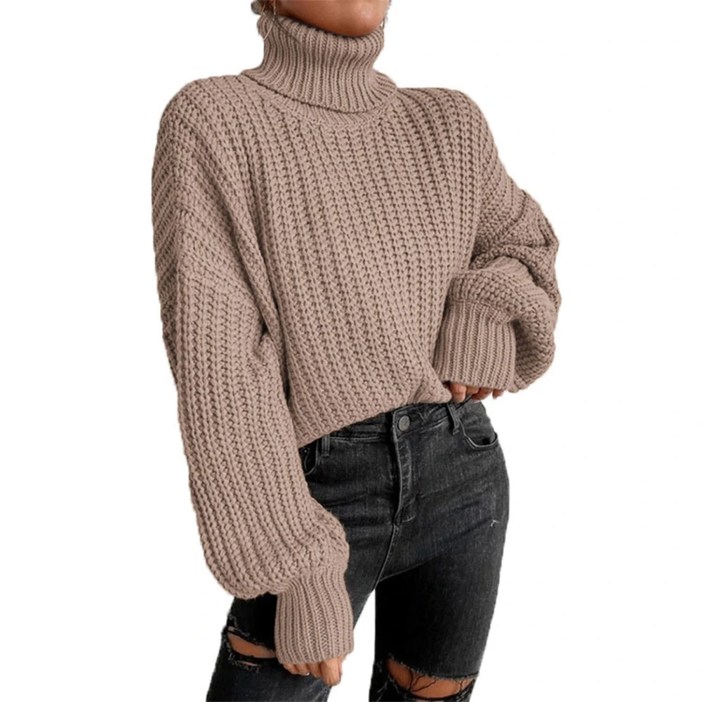 Knitted Sweater High Collar Drop Shoulder Long Sleeve Pullover Casual Sweater for Women Khaki L