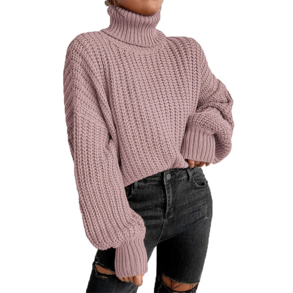 Knitted Sweater High Collar Drop Shoulder Long Sleeve Pullover Casual Sweater for Women Pink L