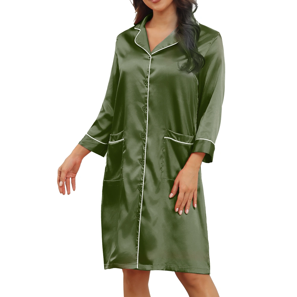 Women V Neck Nightshirt Pure Color Stylish Elegant Button Closure Nightgown Pajama Dress with Pocket OD Green 2XL