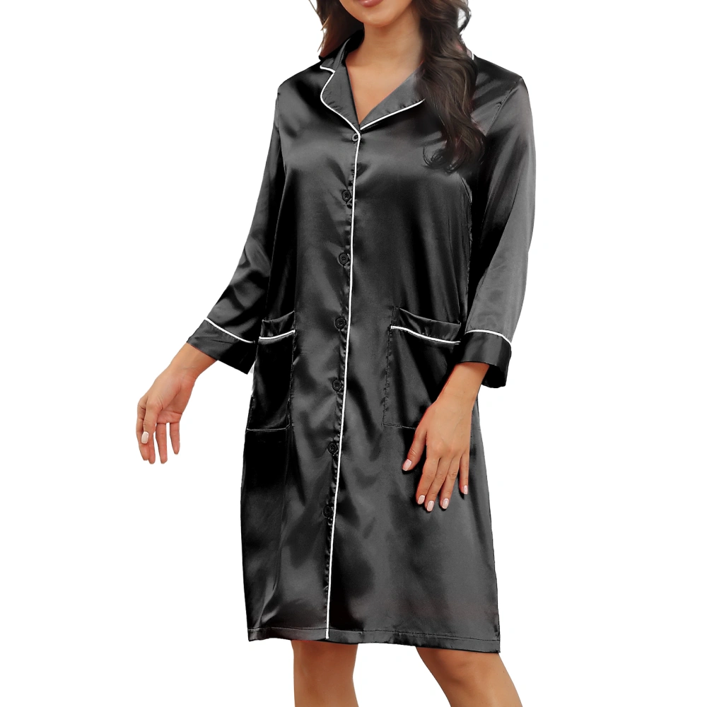 Women V Neck Nightshirt Pure Color Stylish Elegant Button Closure Nightgown Pajama Dress with Pocket Black L