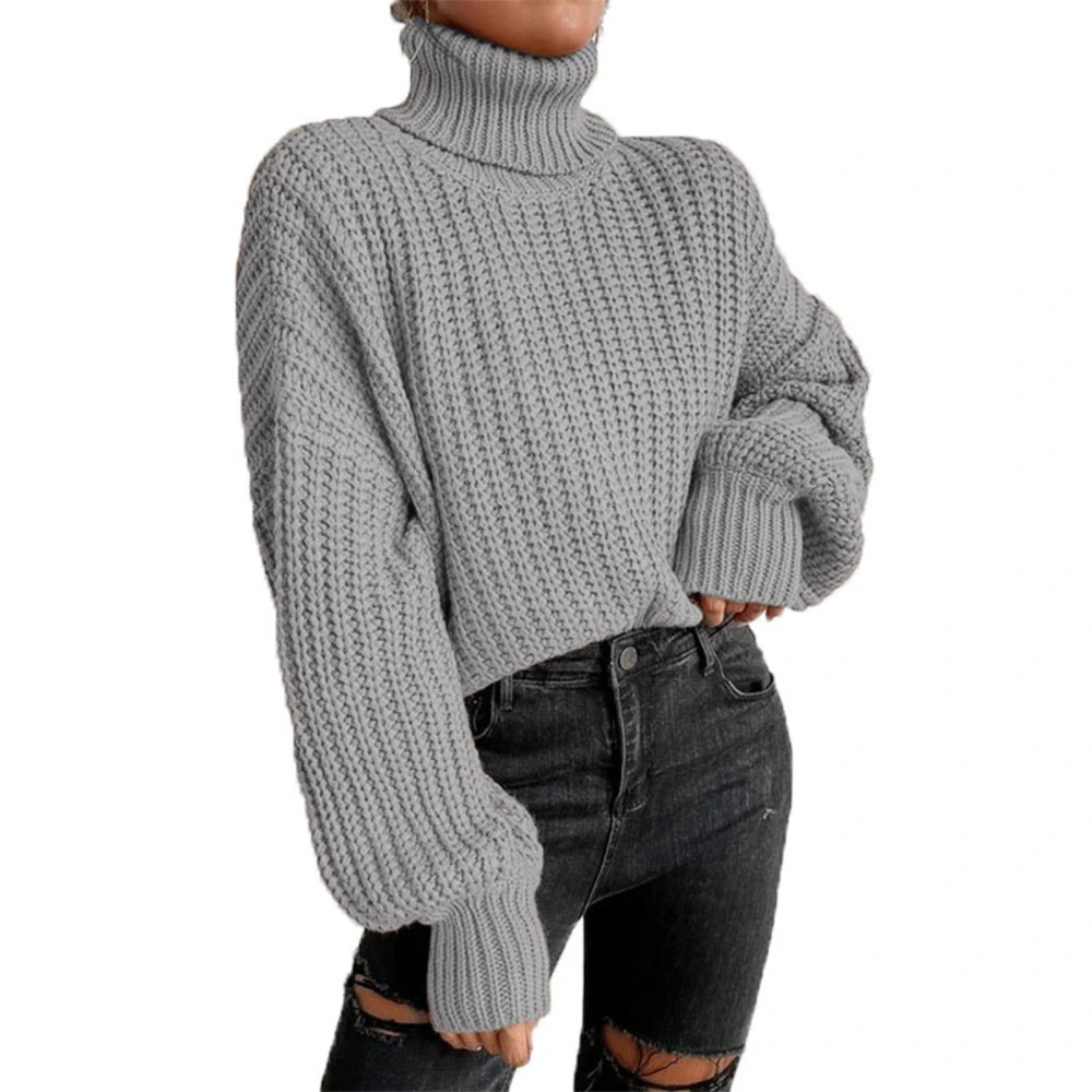 Knitted Sweater High Collar Drop Shoulder Long Sleeve Pullover Casual Sweater for Women Grey S