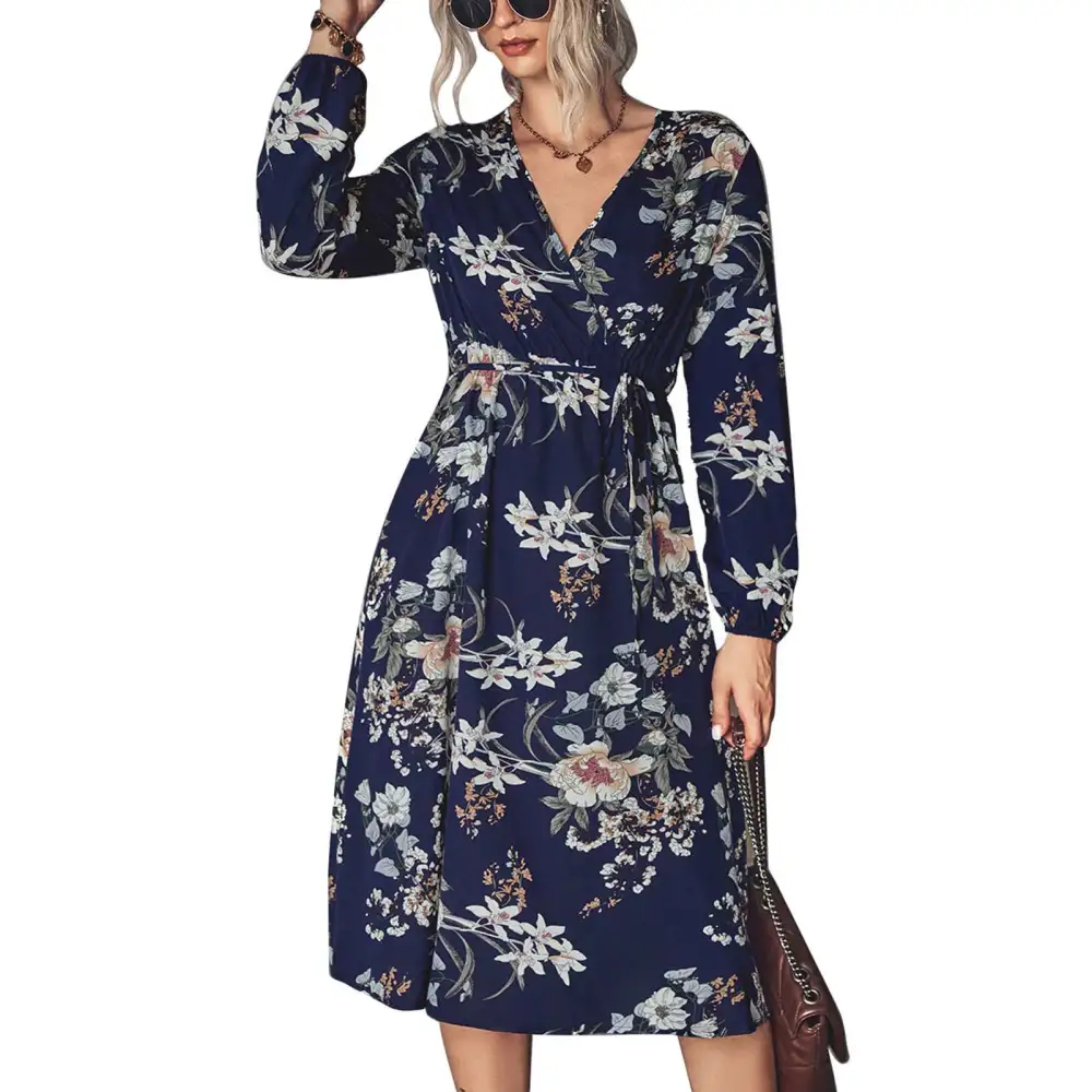 Women Floral Dress Cross V Neck Lace Up High Waist Slit Long Sleeve Stylish Autumn Floral Dress Dark Blue S