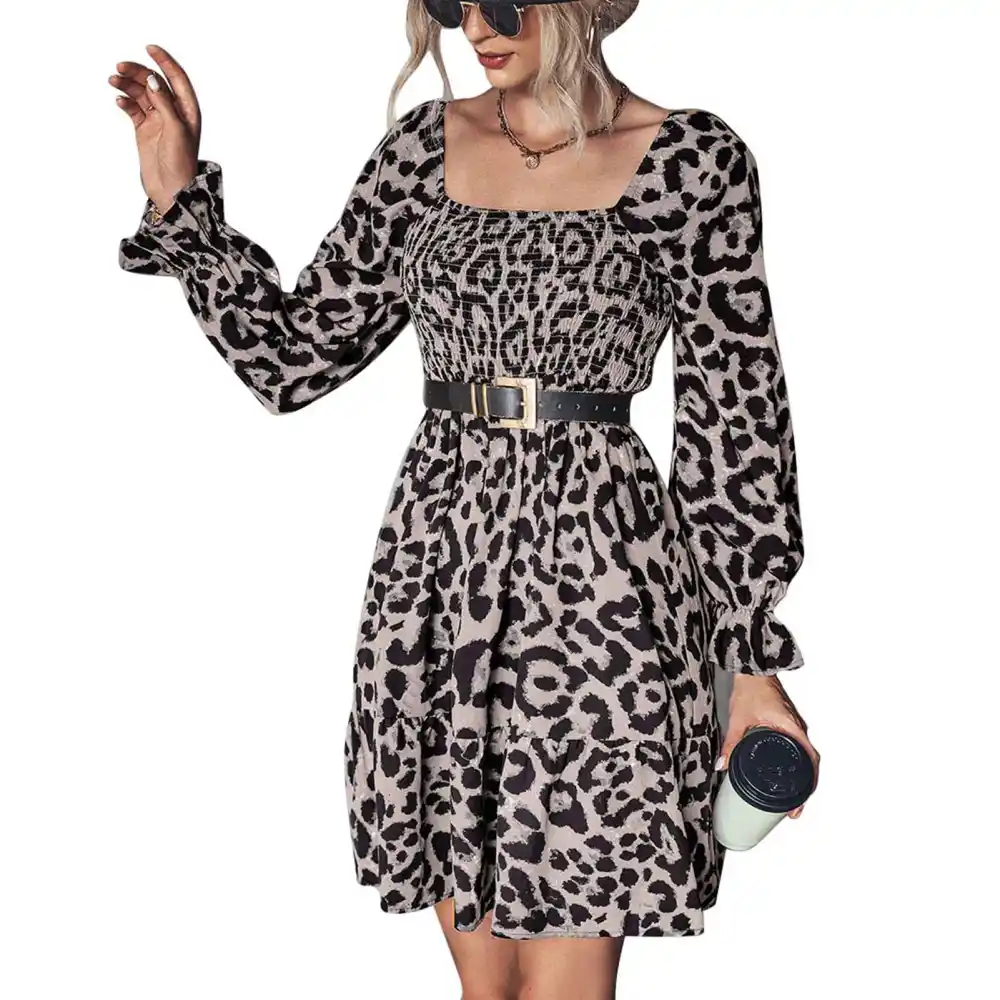 Women Dress One Piece Leopard Pattern Square Neck Long Sleeve High Elastic Waist for Home Grey L