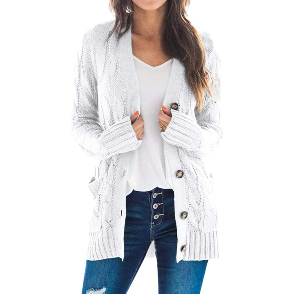 Women Cardigan Sweaters Autumn Winter Pure Color Twist Knit Stylish Casual Women Long Sleeve Button Cardigan White L