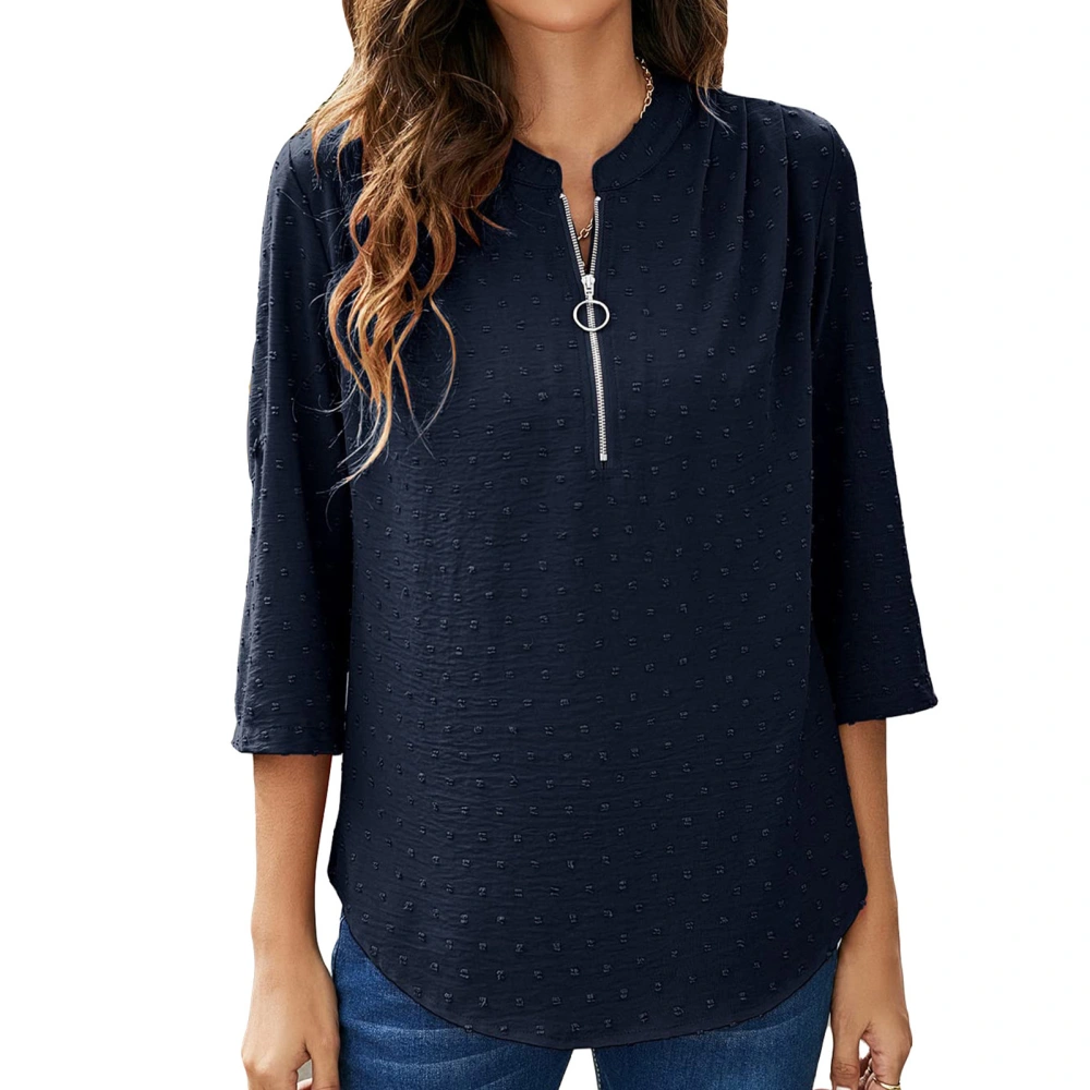 Blouse Zipper Ruffle Back Dot Print Three Quarter Sleeve Round Neck Fashionable Tops for Women Purplish Blue S