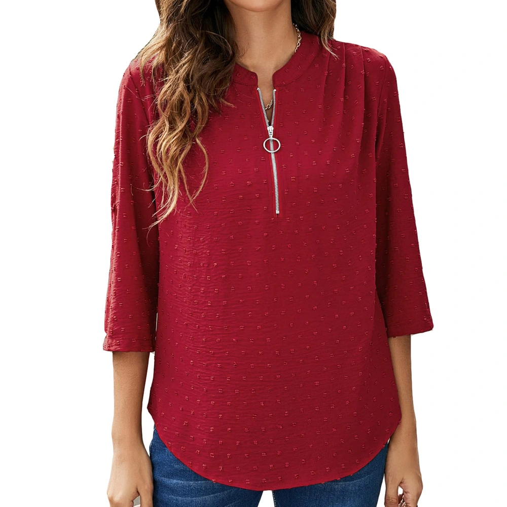 Blouse Zipper Ruffle Back Dot Print Three Quarter Sleeve Round Neck Fashionable Tops for Women Wine Red L