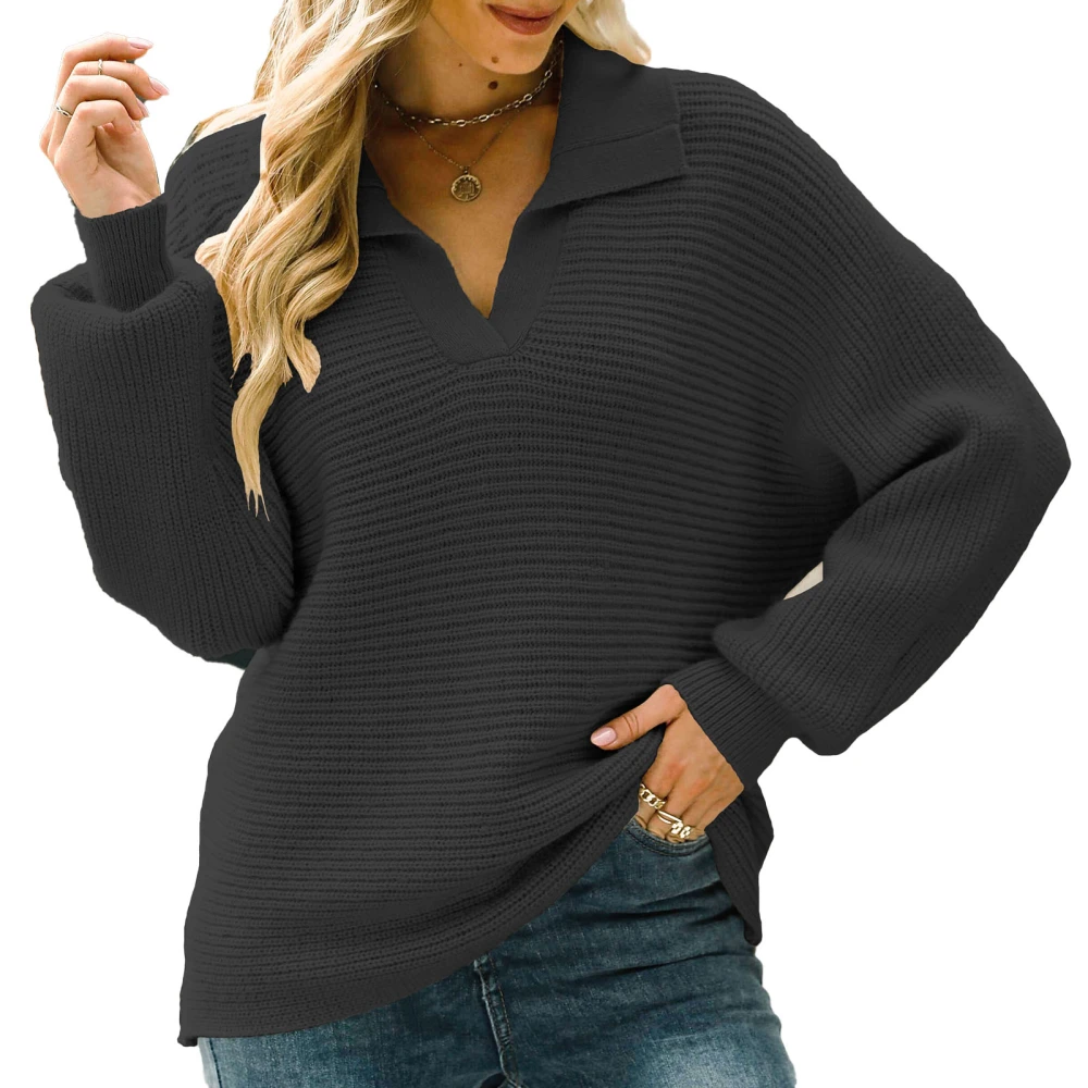 Women Lapel Knitted Sweater with Loose Hem Long Sleeve V Neck Pullover for Autumn and Winter Black L