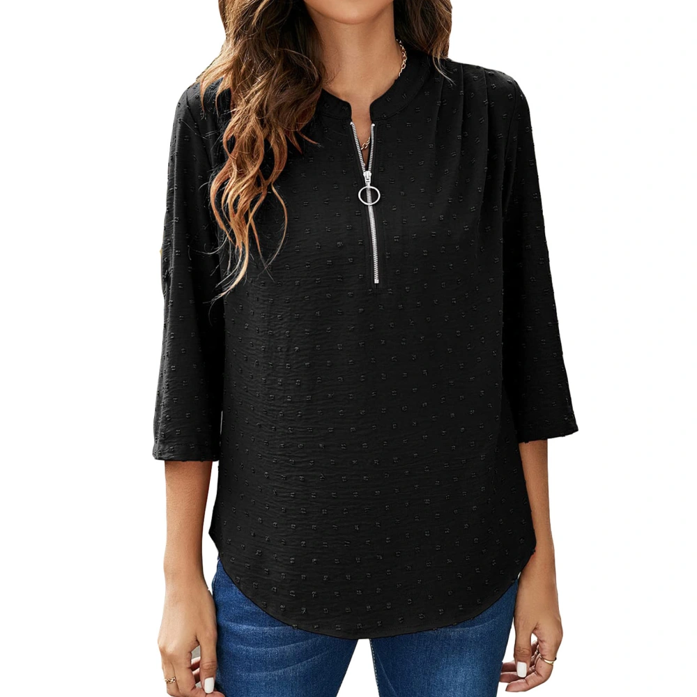 Blouse Zipper Ruffle Back Dot Print Three Quarter Sleeve Round Neck Fashionable Tops for Women Black XXL