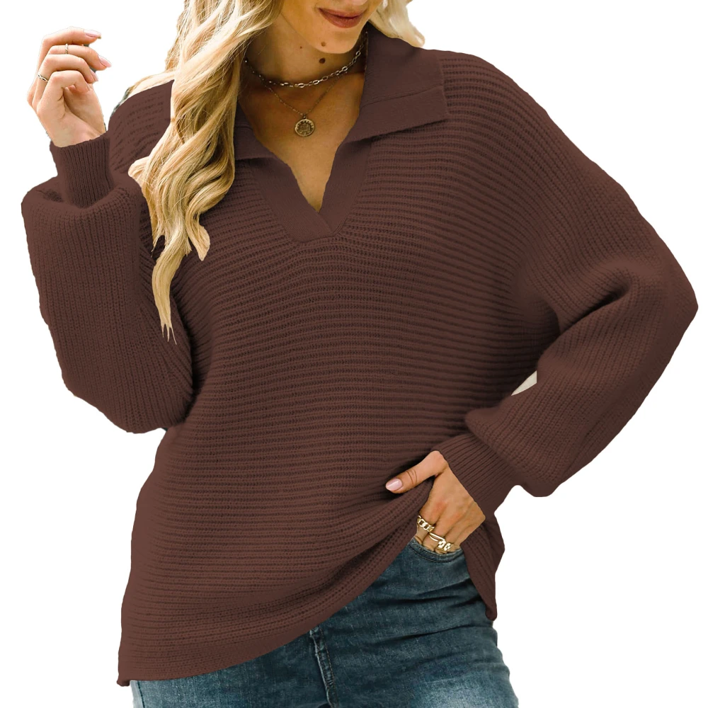 Women Lapel Knitted Sweater with Loose Hem Long Sleeve V Neck Pullover for Autumn and Winter Brown M