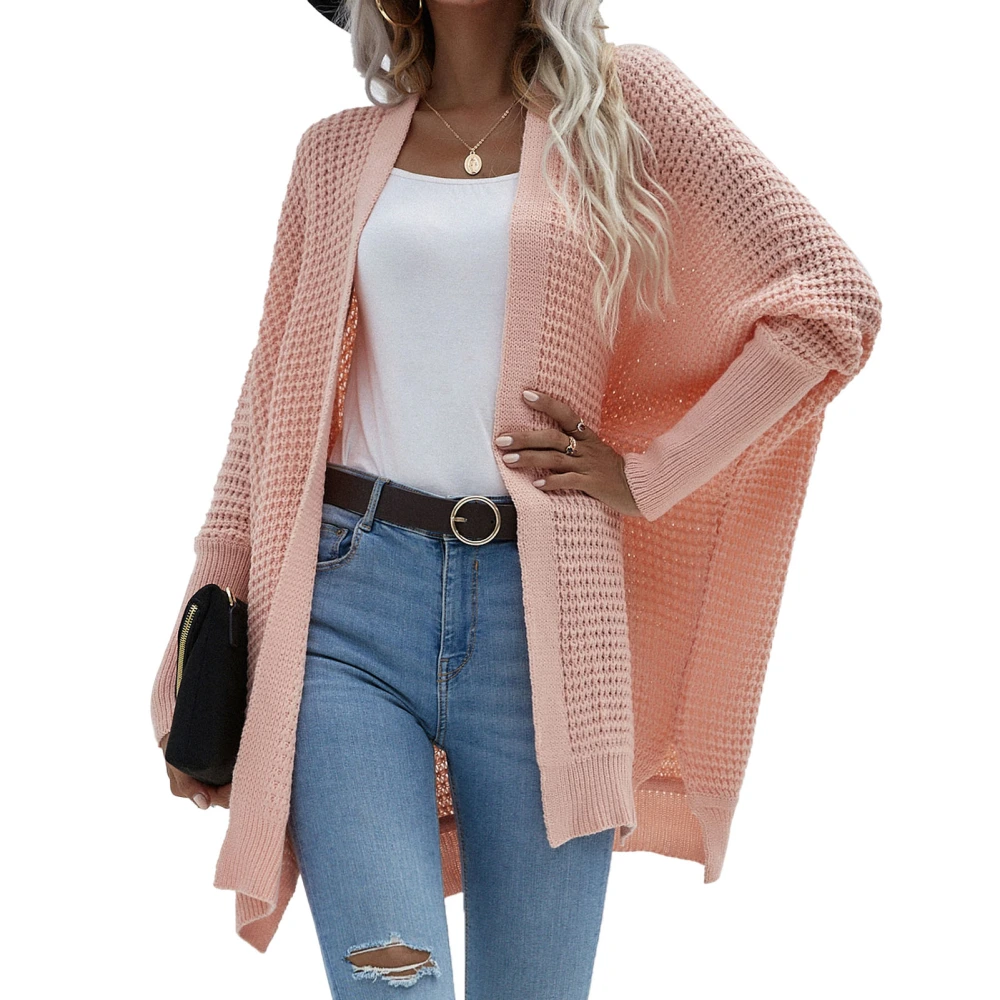 Knit Outwear Oversized Batwing Sleeve Slit Hem Pure Color Warm Women Front Open Sweater for Fall Winter Spring Pink M