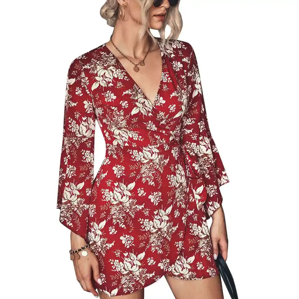 Floral Mini V Neck Belted Dress Long Sleeve Breathable Casual Irregular Hem Dress for Daily Party Red L