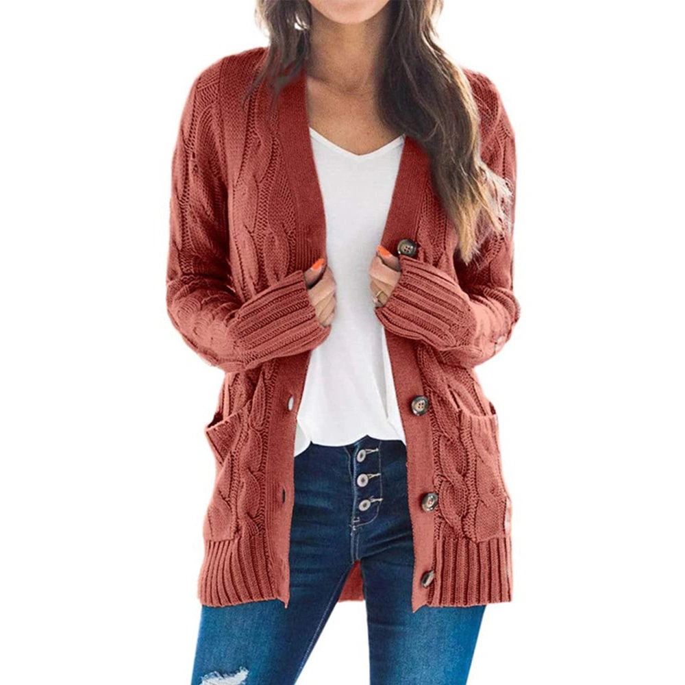 Women Cardigan Sweaters Autumn Winter Pure Color Twist Knit Stylish Casual Women Long Sleeve Button Cardigan Brick Red M