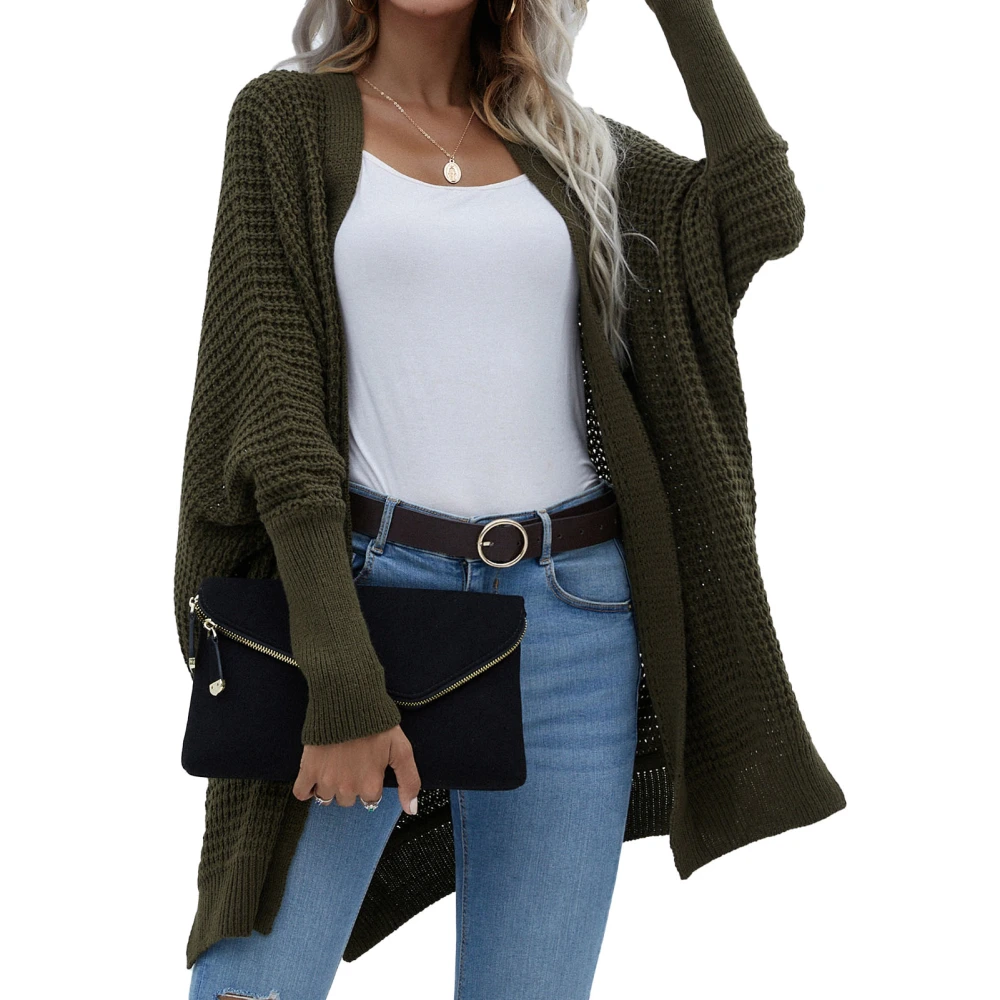 Knit Outwear Oversized Batwing Sleeve Slit Hem Pure Color Warm Women Front Open Sweater for Fall Winter Spring Blackish Green S