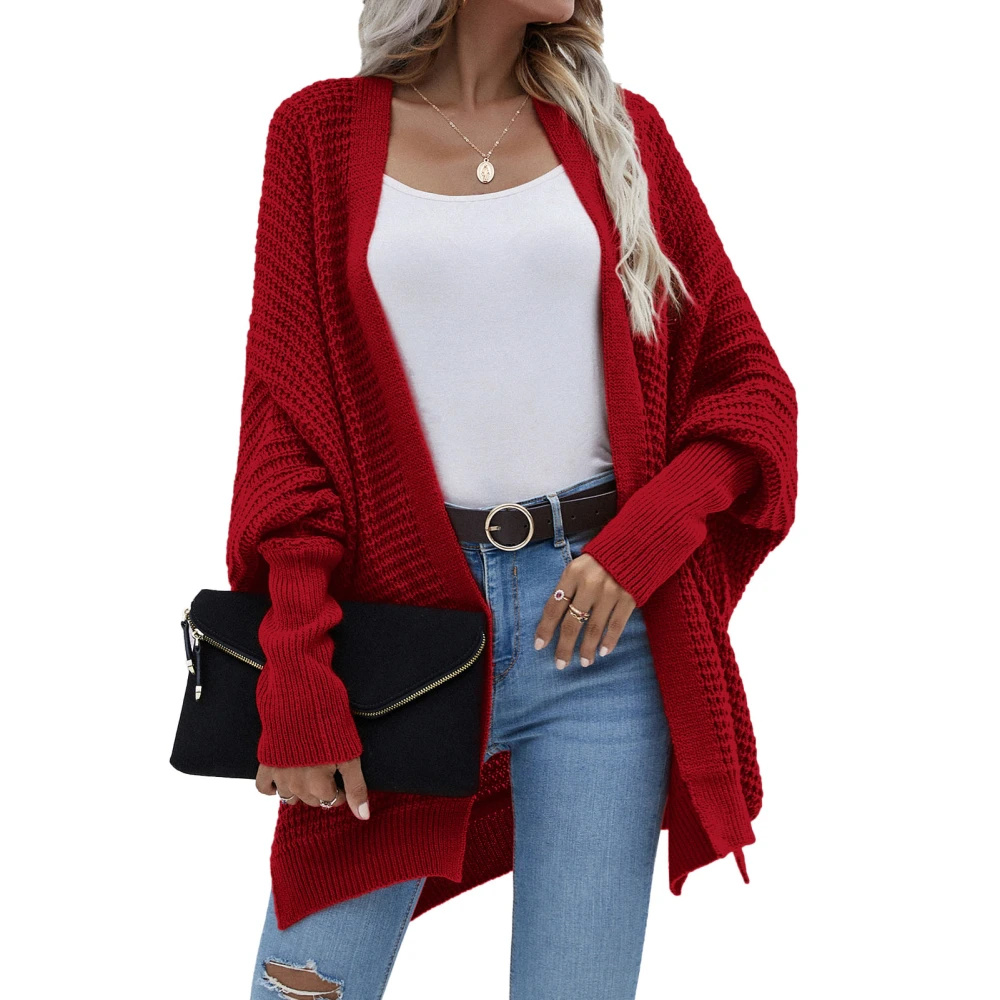 Knit Outwear Oversized Batwing Sleeve Slit Hem Pure Color Warm Women Front Open Sweater for Fall Winter Spring Jujube Red L