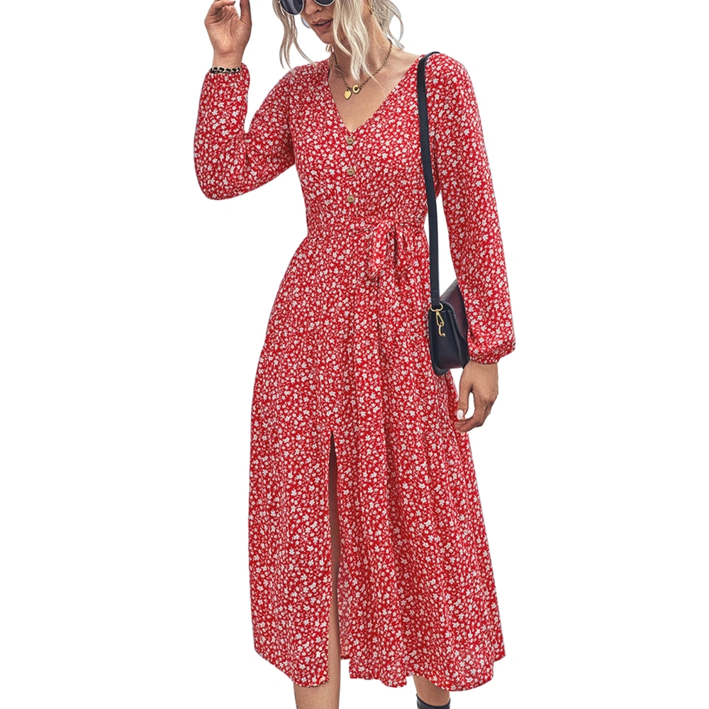 Long Sleeve V Neck Floral Split Dress Stylish Loose Women Casual Dress for Autumn Red M