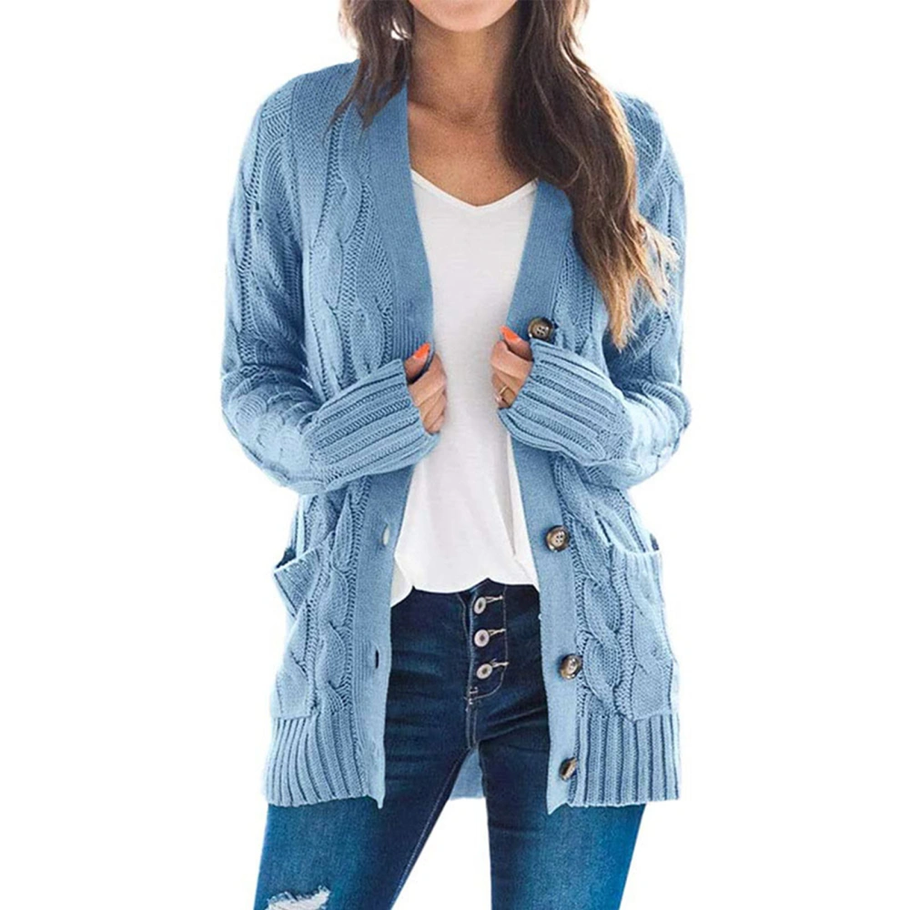 Women Cardigan Sweaters Autumn Winter Pure Color Twist Knit Stylish Casual Women Long Sleeve Button Cardigan Blue XL