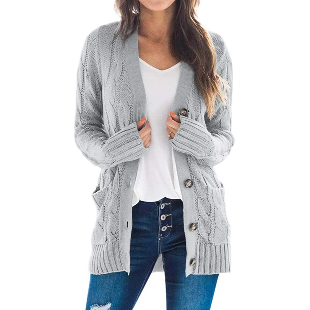 Women Cardigan Sweaters Autumn Winter Pure Color Twist Knit Stylish Casual Women Long Sleeve Button Cardigan Grey M