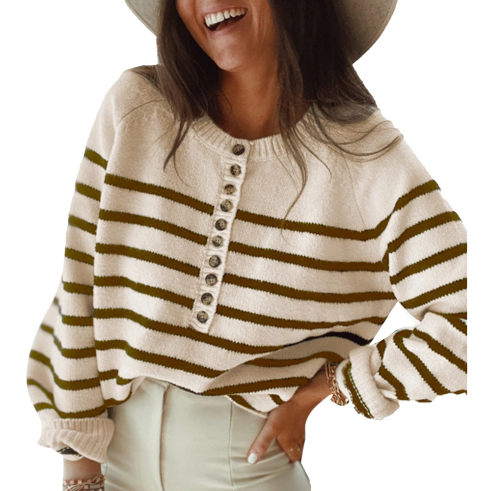 Women Striped Pullover Top Autumn Winter Knitwear Fashion Button Sweater Long Sleeve Apricot M