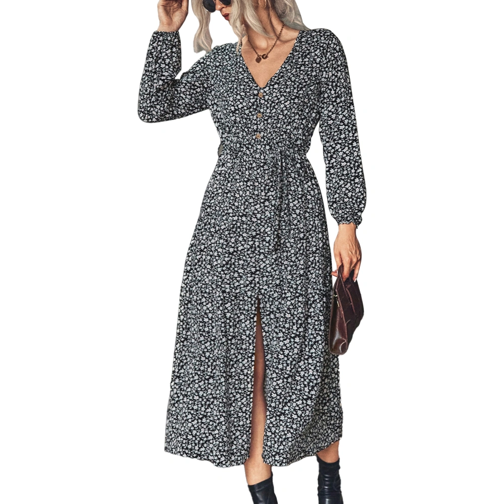 Long Sleeve V Neck Floral Split Dress Stylish Loose Women Casual Dress for Autumn Black L