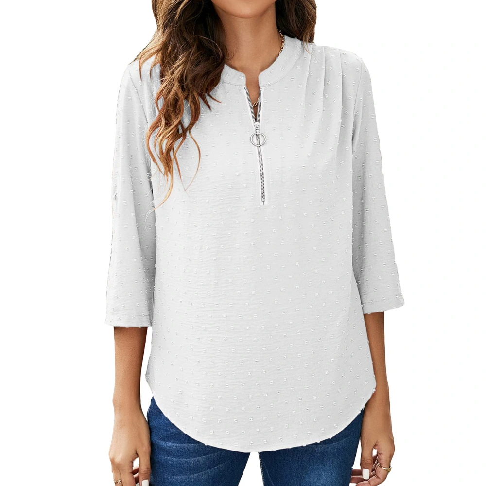 Blouse Zipper Ruffle Back Dot Print Three Quarter Sleeve Round Neck Fashionable Tops for Women White M