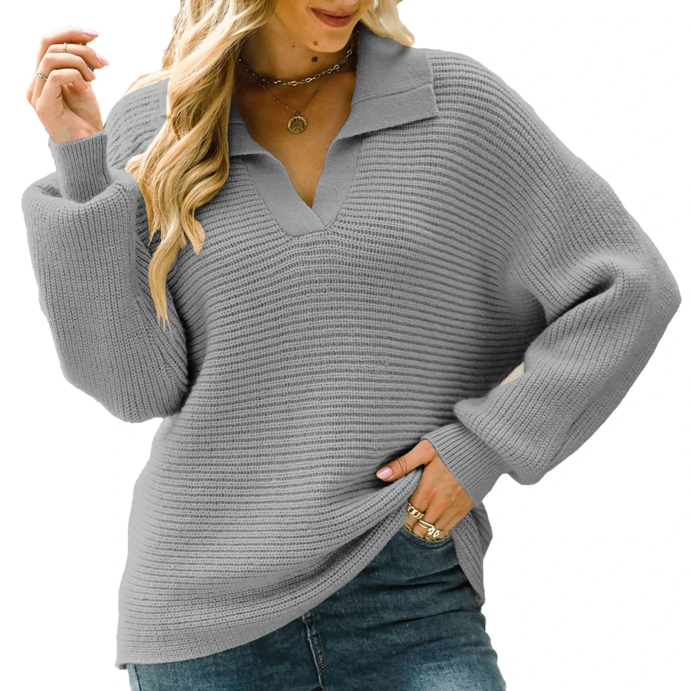 Women Lapel Knitted Sweater with Loose Hem Long Sleeve V Neck Pullover for Autumn and Winter Grey XL