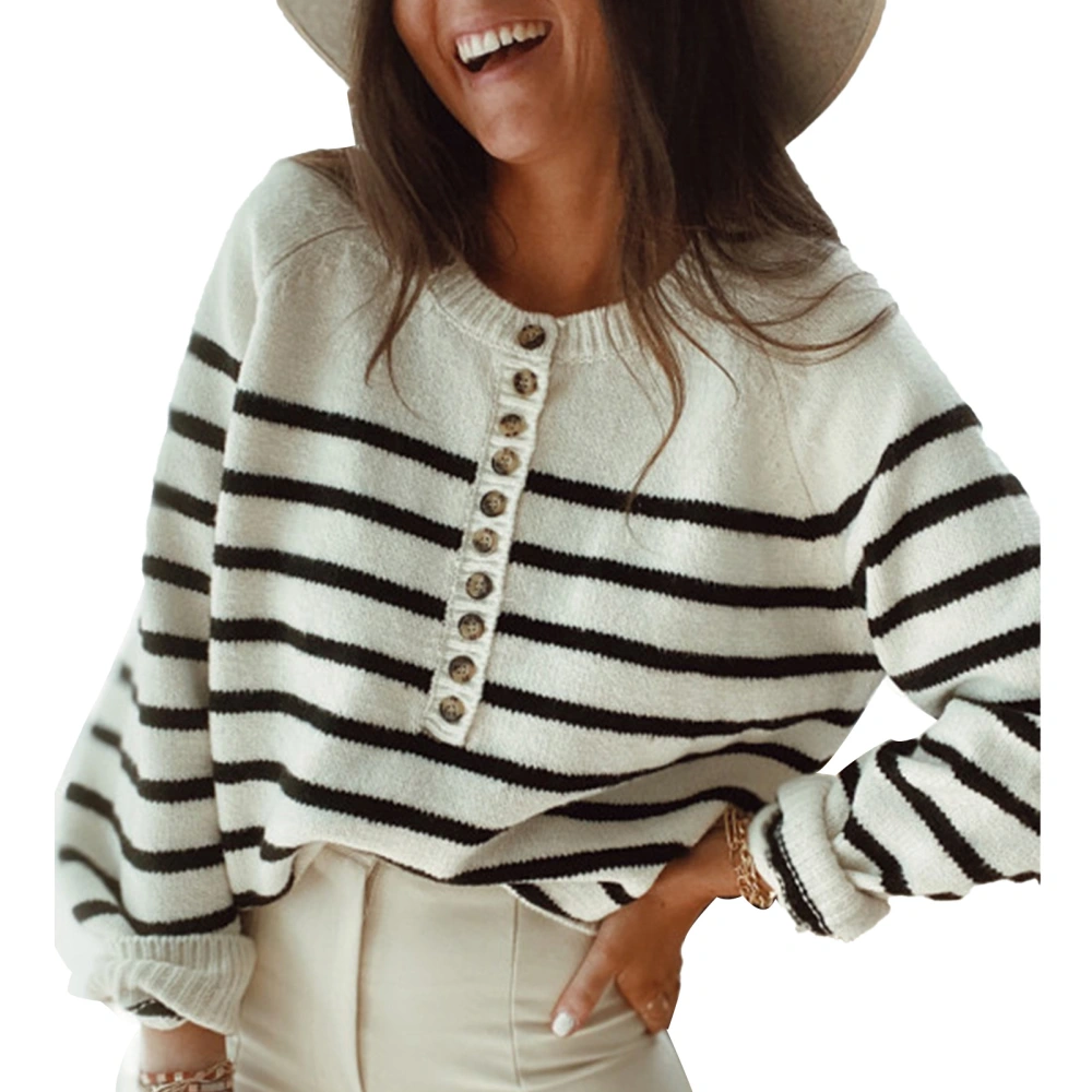 Women Striped Pullover Top Autumn Winter Knitwear Fashion Button Sweater Long Sleeve White M