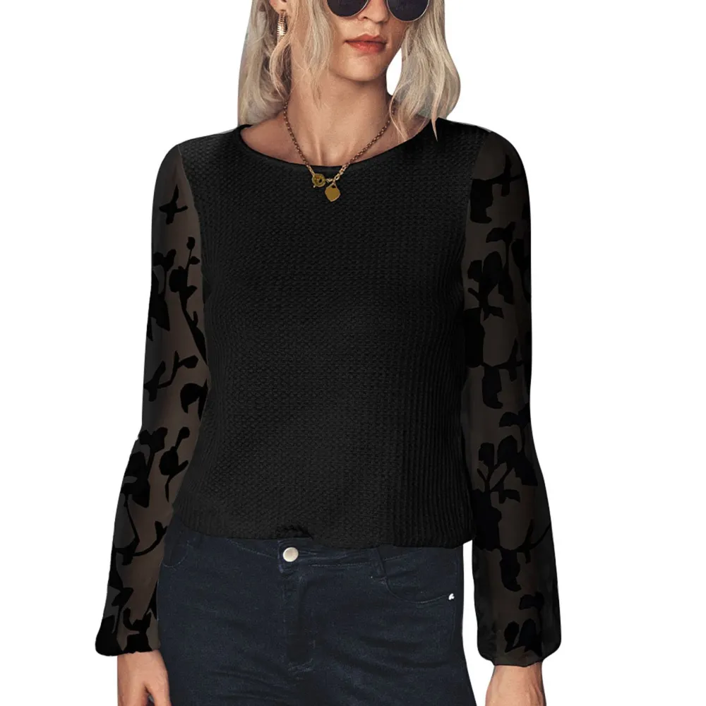 Women Waffle Knit Tops Crew Neck Long Mesh Puff Sleeve Casual Loose Blouses T Shirts Pullover for Fall Black XL